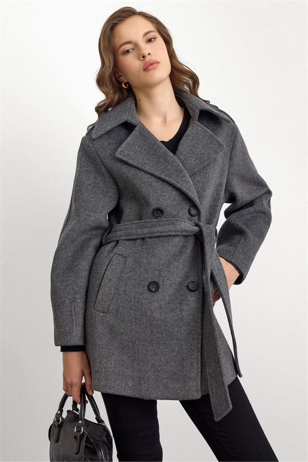 Apolet Detaylı Oversize Kısa Kaban KOYU GRİ 3149