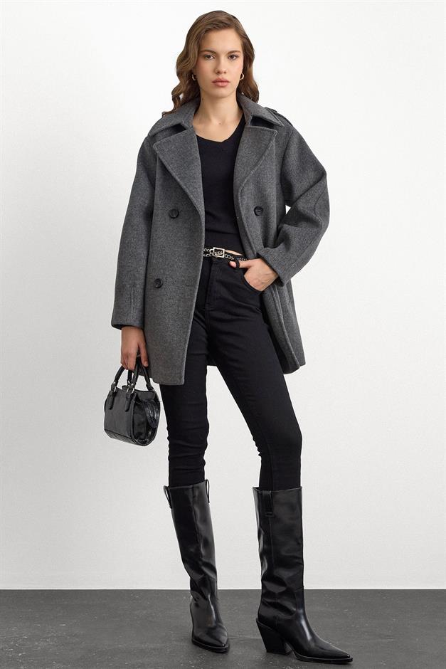 Apolet Detaylı Oversize Kısa Kaban KOYU GRİ 3149