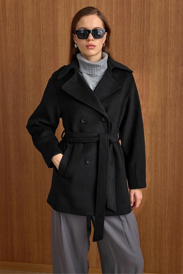 Apolet Detaylı Oversize Kısa Kaban SİYAH 3149