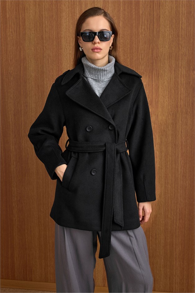 Apolet Detaylı Oversize Kısa Kaban SİYAH 3149
