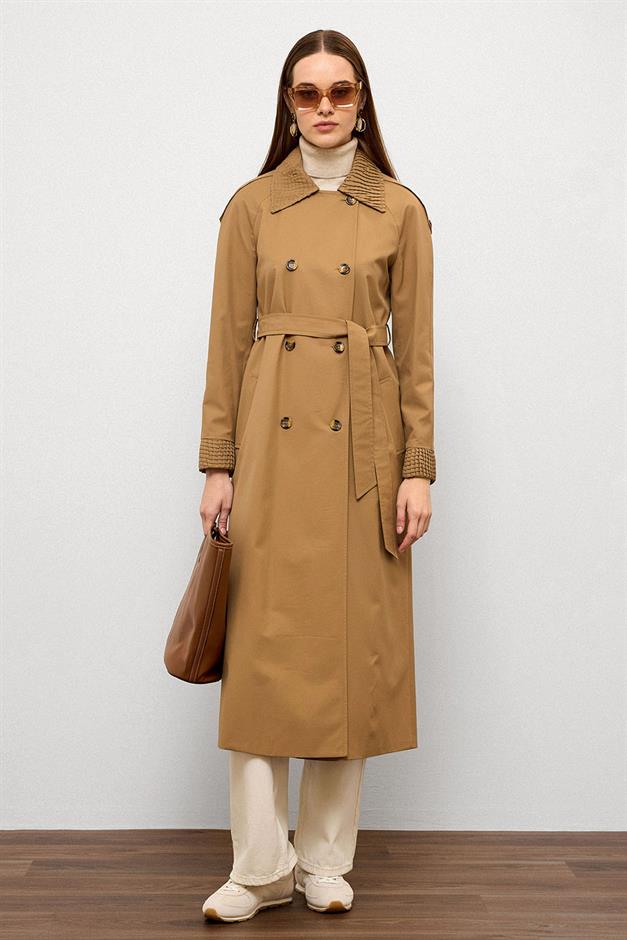 Water-Repellent Trench Coat with Epaulette Detail and Pleated Garnish CAMEL 6773