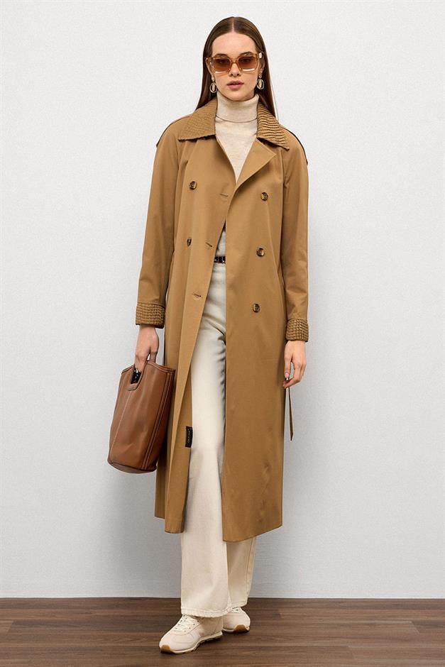 Water-Repellent Trench Coat with Epaulette Detail and Pleated Garnish CAMEL 6773