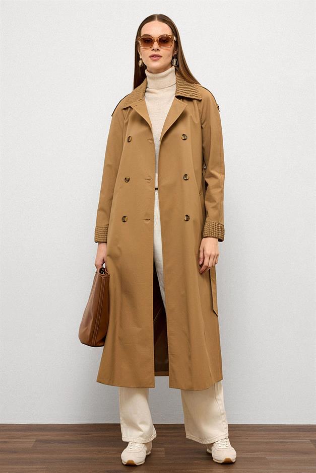 Water-Repellent Trench Coat with Epaulette Detail and Pleated Garnish CAMEL 6773