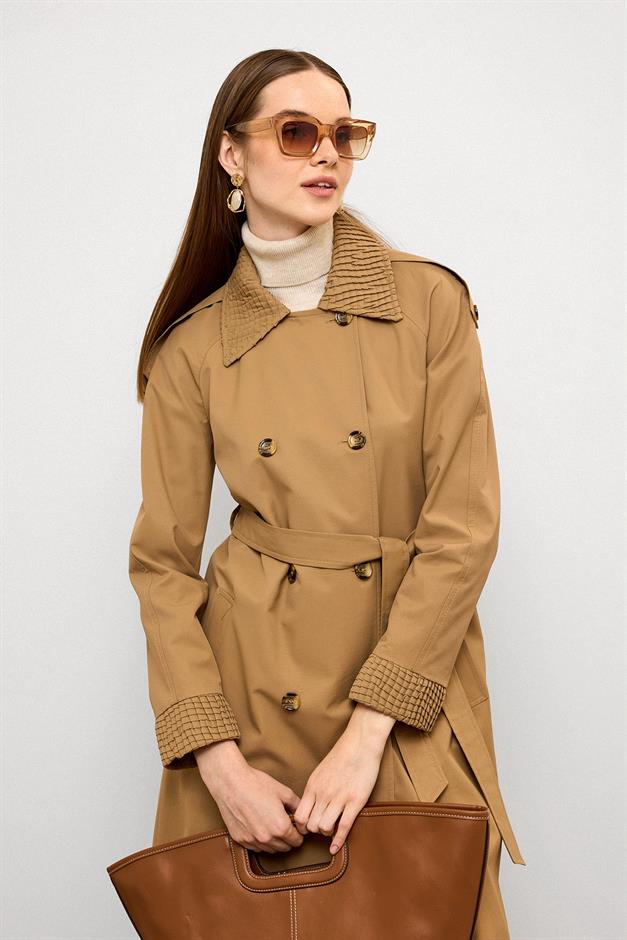 Water-Repellent Trench Coat with Epaulette Detail and Pleated Garnish CAMEL 6773