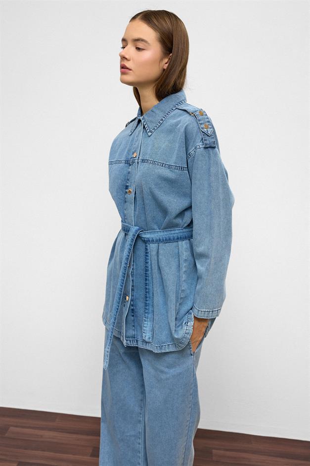 Epaulette Detailed Tunic Trouser Denim Set BLUE 9381-TK