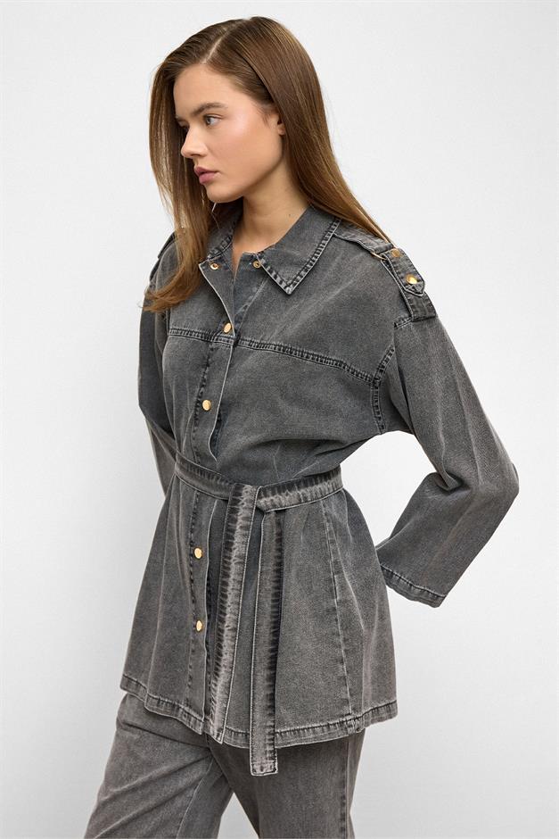 Epaulette Detailed Tunic Trouser Denim Set HARD COAL 9381-TK