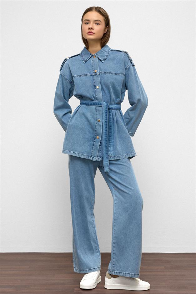 Epaulette Detailed Tunic Trouser Denim Set BLUE 9381-TK