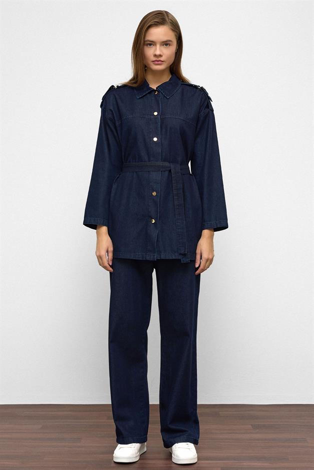 Epaulette Detailed Tunic Trouser Denim Set DARK BLUE 9381-TK