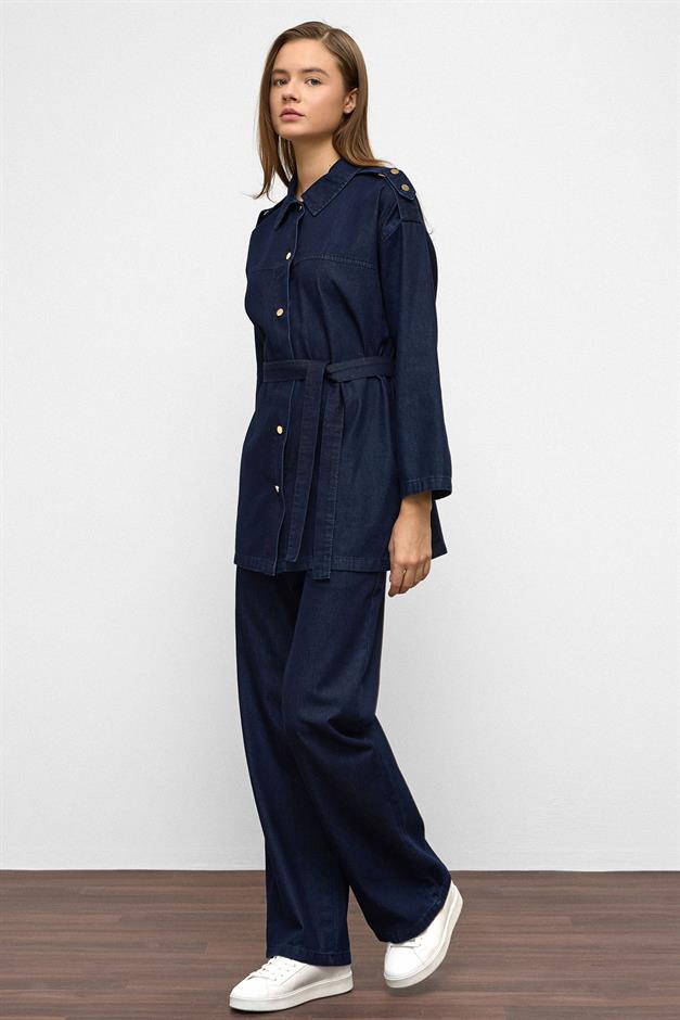 Epaulette Detailed Tunic Trouser Denim Set DARK BLUE 9381-TK
