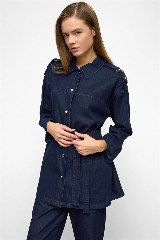 Epaulette Detailed Tunic Trouser Denim Set DARK BLUE 9381-TK