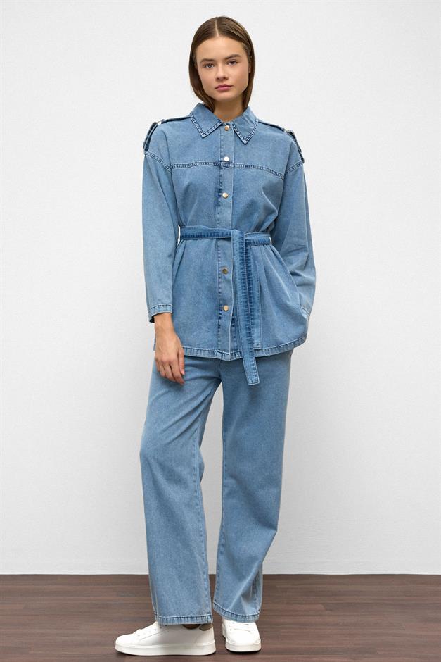 Epaulette Detailed Tunic Trouser Denim Set BLUE 9381-TK
