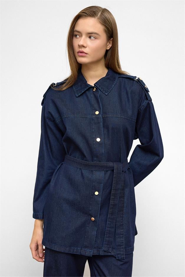 Epaulette Detailed Tunic Trouser Denim Set DARK BLUE 9381-TK