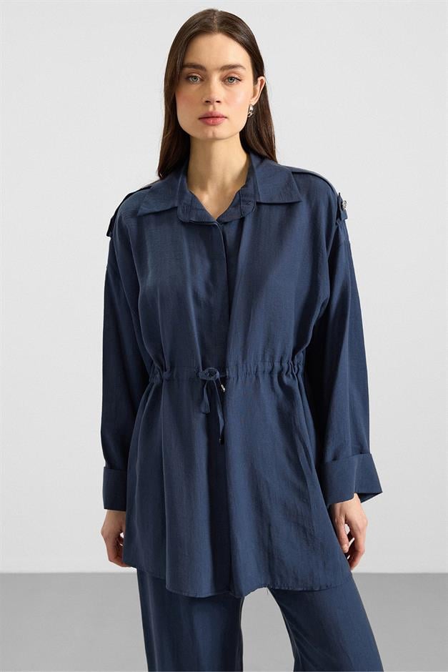 Apolet ve Büzgü Detaylı Soft Kumaş Ceket Pantolon Takım İNDİGO 9399-TK