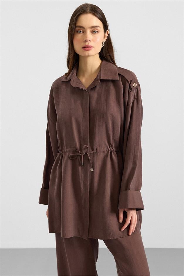 Apolet ve Büzgü Detaylı Soft Kumaş Ceket Pantolon Takım KAHVE 9399-TK