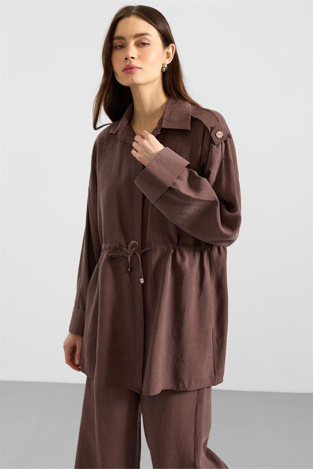 Apolet ve Büzgü Detaylı Soft Kumaş Ceket Pantolon Takım KAHVE 9399-TK