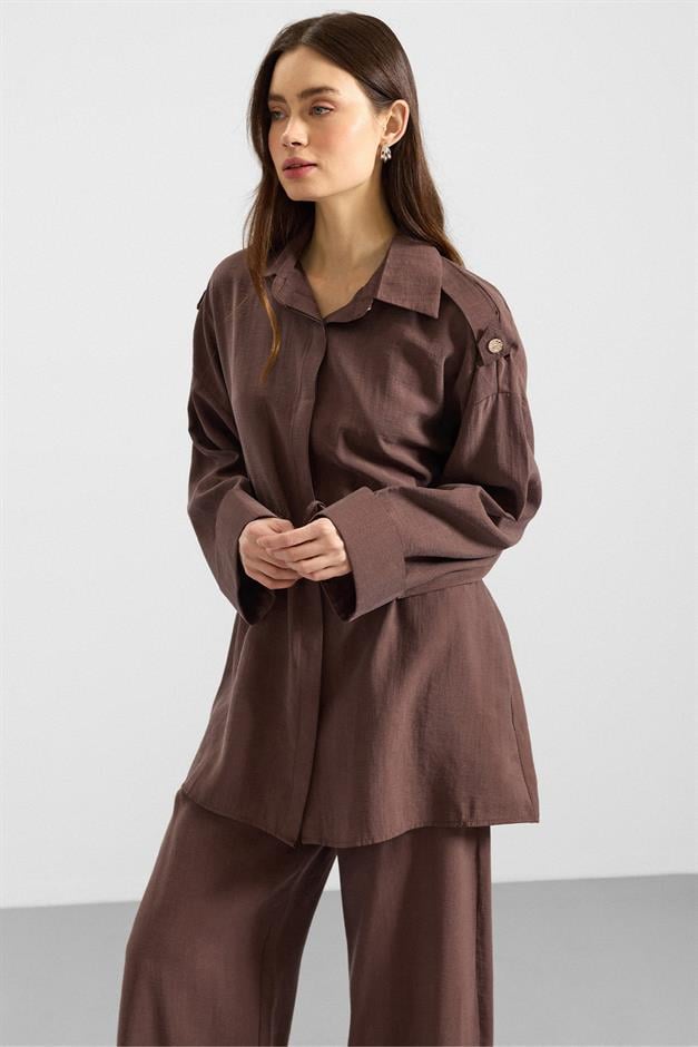 Apolet ve Büzgü Detaylı Soft Kumaş Ceket Pantolon Takım KAHVE 9399-TK