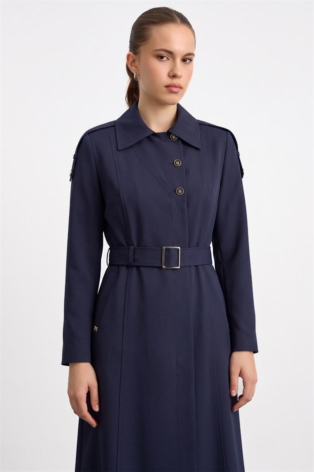 Apolet ve Kemer Detaylı Astarlı Pardesü LACİVERT 6851