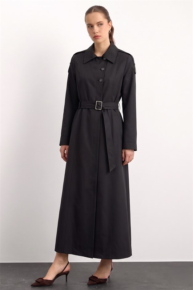 Apolet ve Kemer Detaylı Astarlı Pardesü SİYAH 6851