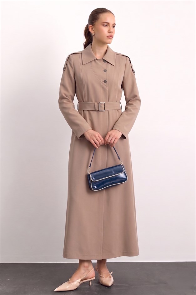 Apolet ve Kemer Detaylı Astarlı Pardesü TAŞ 6851