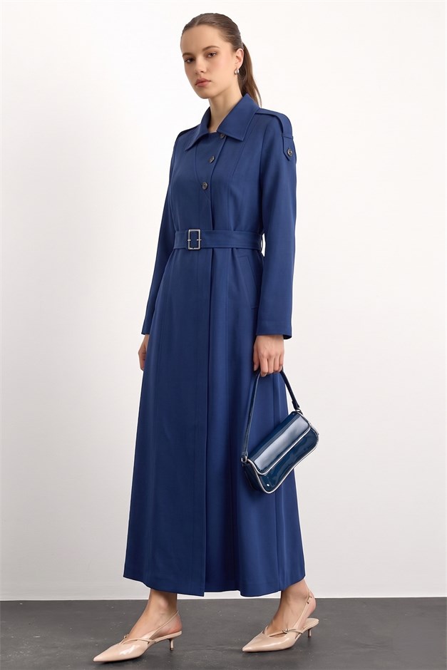 Apolet ve Kemer Detaylı Astarlı Pardesü İNDİGO 6851