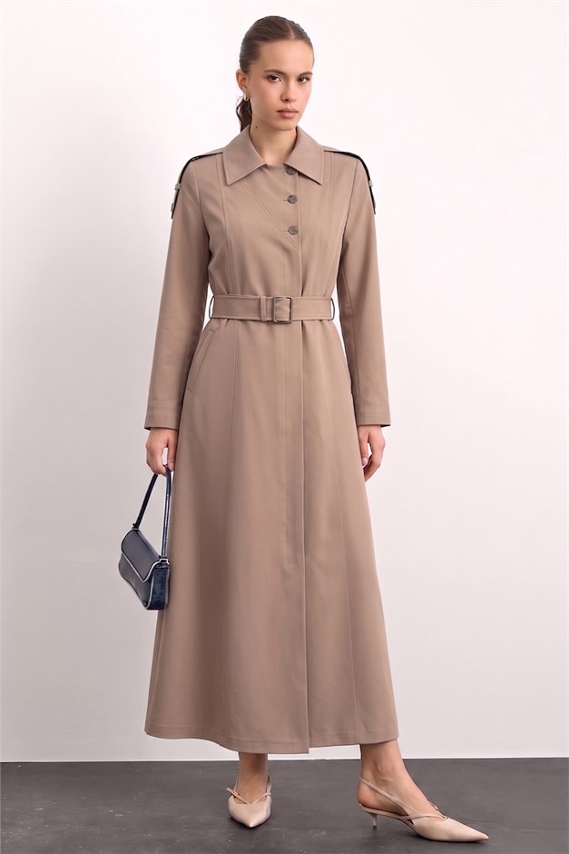 Apolet ve Kemer Detaylı Astarlı Pardesü TAŞ 6851