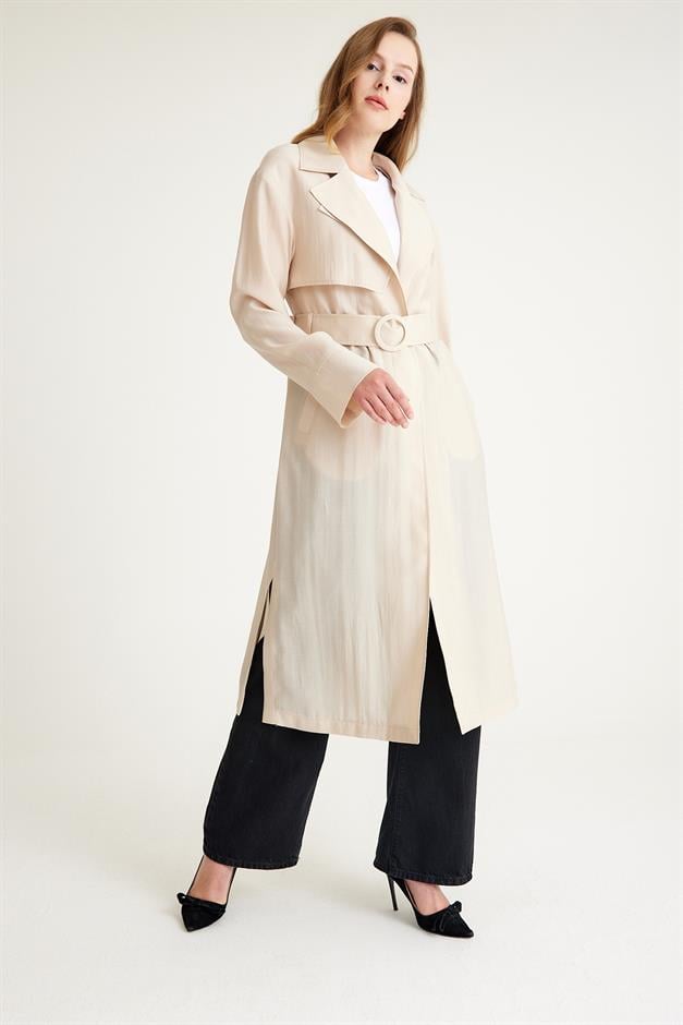 Epaulette and Cape Detailed Unlined Long Trench Coat STONE 6604