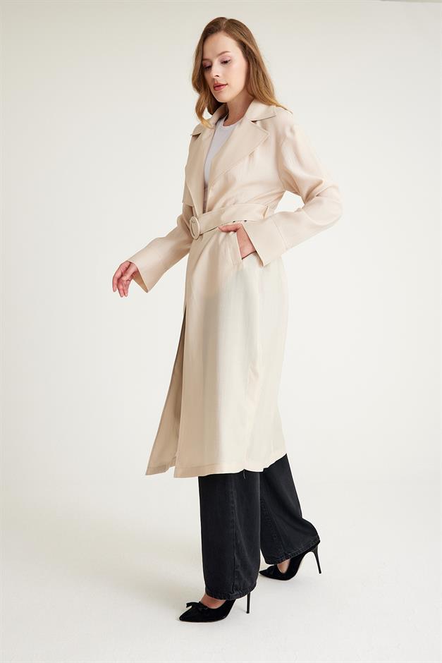 Epaulette and Cape Detailed Unlined Long Trench Coat STONE 6604