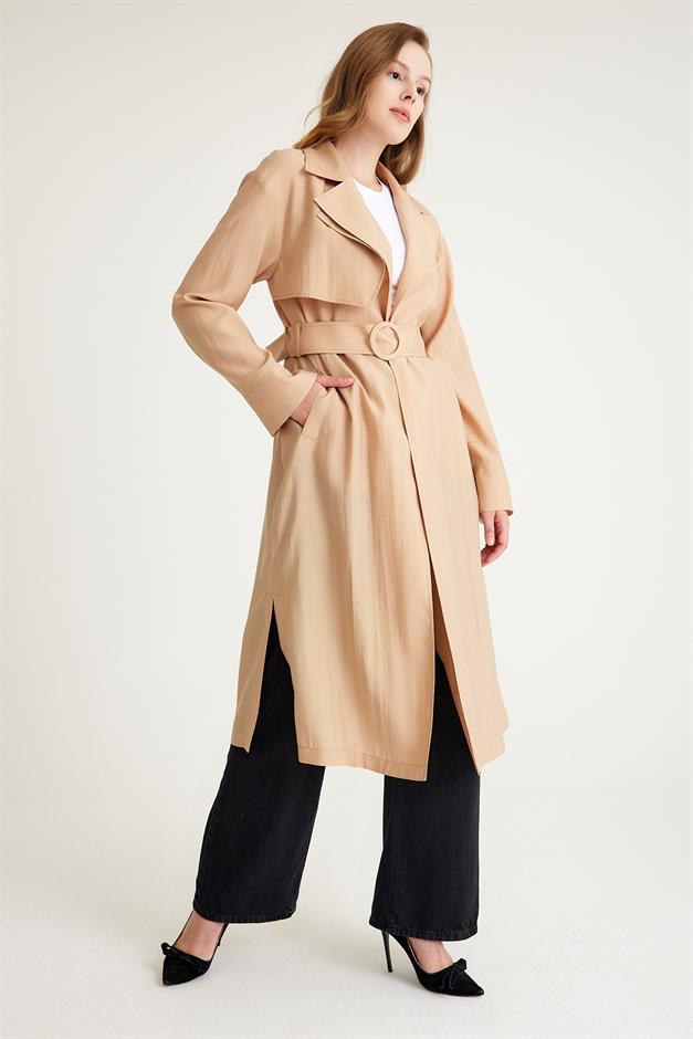 معطف ترنش طويل بدون بطانة مع تفاصيل كتاف وعباءة كامل 6604