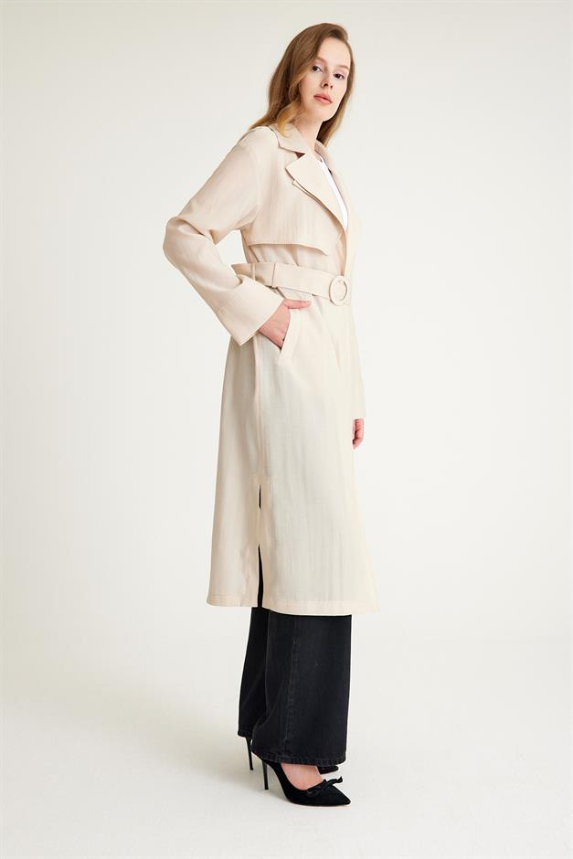 Epaulette and Cape Detailed Unlined Long Trench Coat STONE 6604