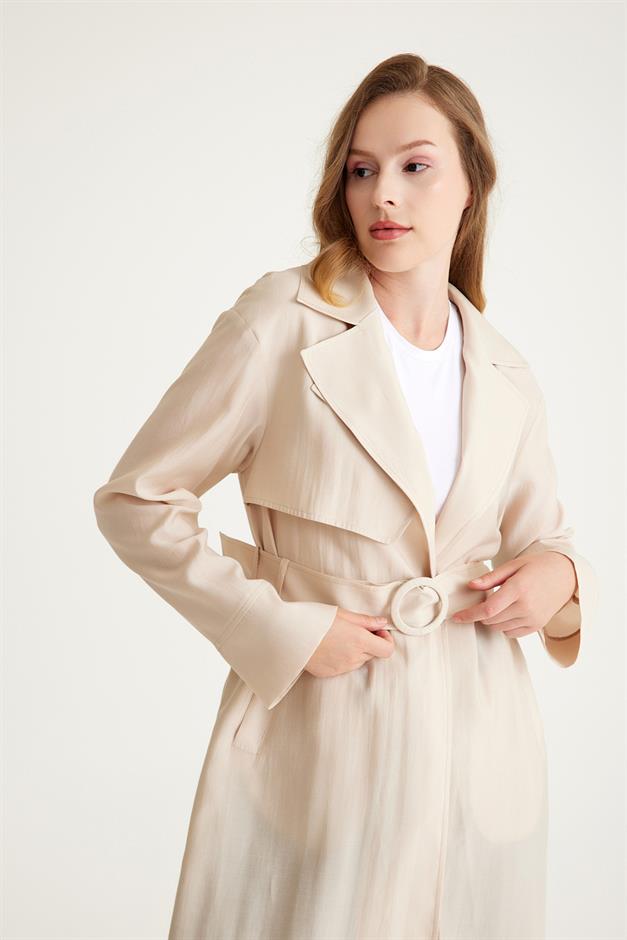 Epaulette and Cape Detailed Unlined Long Trench Coat STONE 6604