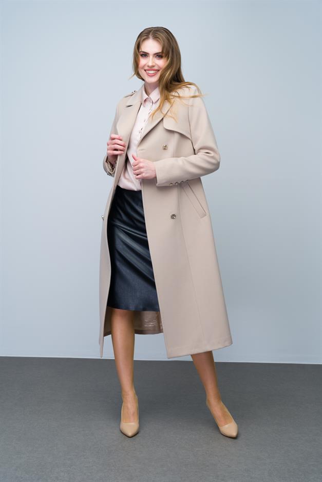 Double-Breasted Mid-Length Cashmere Coat with Epaulette and Cape Detail IVORY 3006