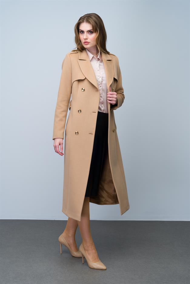 Double-Breasted Mid-Length Cashmere Coat with Epaulette and Cape Detail BISCUIT 3006