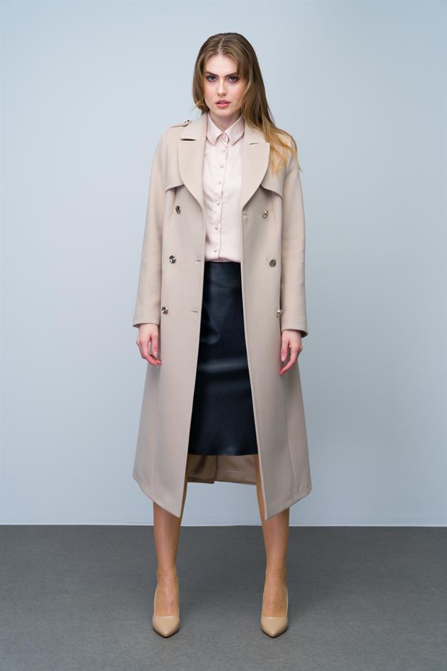 Double-Breasted Mid-Length Cashmere Coat with Epaulette and Cape Detail IVORY 3006