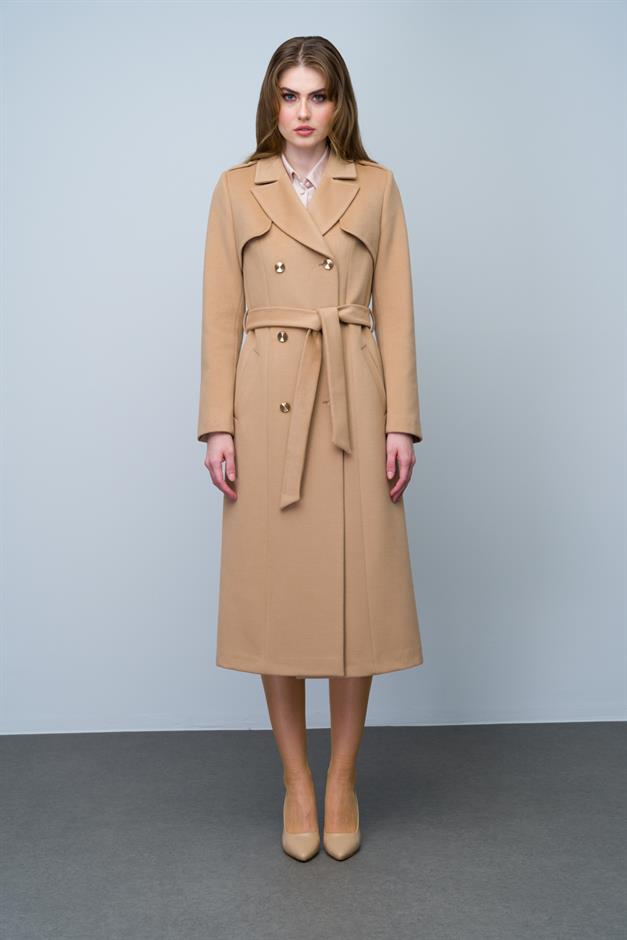 Double-Breasted Mid-Length Cashmere Coat with Epaulette and Cape Detail BISCUIT 3006
