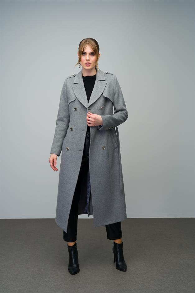 Double-Breasted Mid-Length Cashmere Coat with Epaulette and Cape Detail GREY 3006