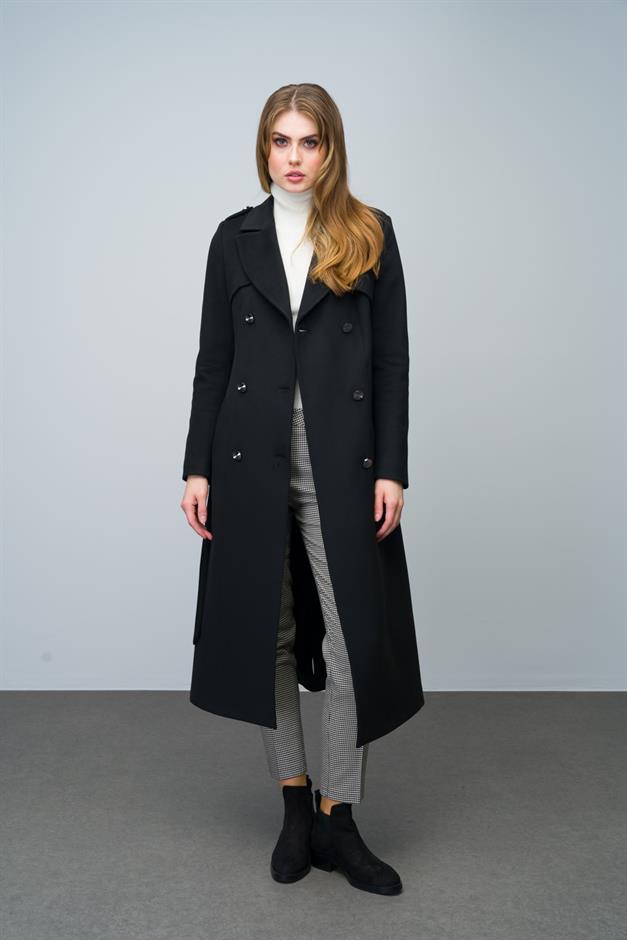 Double-Breasted Mid-Length Cashmere Coat with Epaulette and Cape Detail BLACK 3006