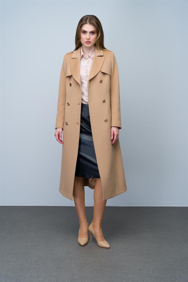 Double-Breasted Mid-Length Cashmere Coat with Epaulette and Cape Detail BISCUIT 3006
