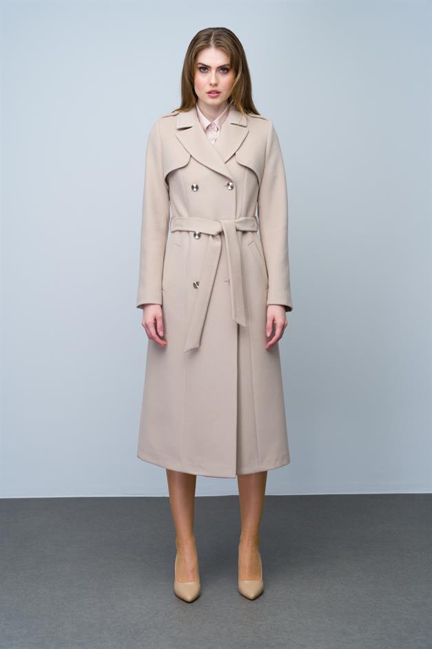 Double-Breasted Mid-Length Cashmere Coat with Epaulette and Cape Detail IVORY 3006