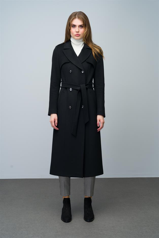 Double-Breasted Mid-Length Cashmere Coat with Epaulette and Cape Detail BLACK 3006