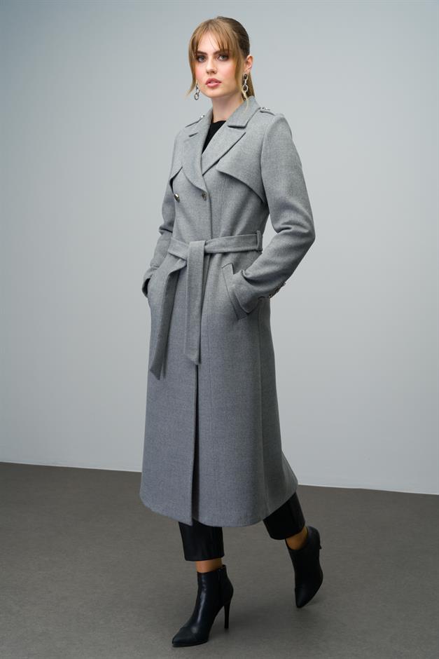 Double-Breasted Mid-Length Cashmere Coat with Epaulette and Cape Detail GREY 3006