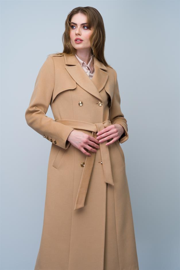 Double-Breasted Mid-Length Cashmere Coat with Epaulette and Cape Detail BISCUIT 3006