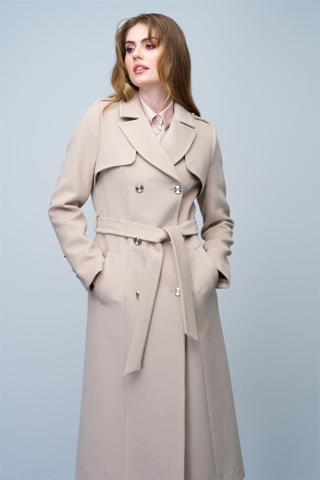 Double-Breasted Mid-Length Cashmere Coat with Epaulette and Cape Detail IVORY 3006