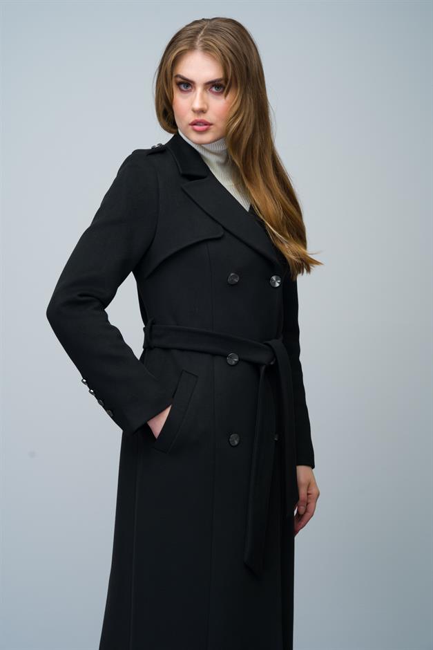 Double-Breasted Mid-Length Cashmere Coat with Epaulette and Cape Detail BLACK 3006