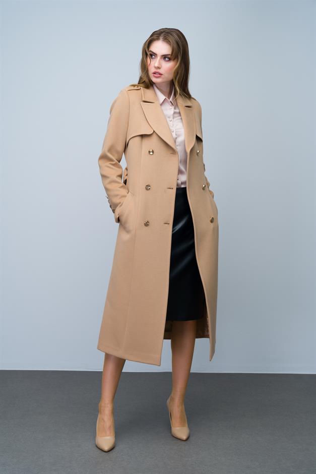 Double-Breasted Mid-Length Cashmere Coat with Epaulette and Cape Detail BISCUIT 3006