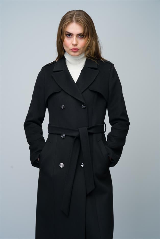 Double-Breasted Mid-Length Cashmere Coat with Epaulette and Cape Detail BLACK 3006