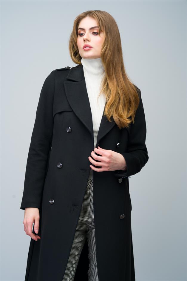Double-Breasted Mid-Length Cashmere Coat with Epaulette and Cape Detail BLACK 3006