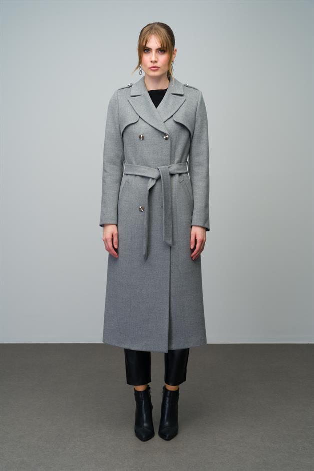 Double-Breasted Mid-Length Cashmere Coat with Epaulette and Cape Detail GREY 3006