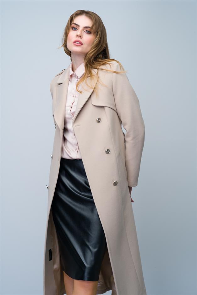 Double-Breasted Mid-Length Cashmere Coat with Epaulette and Cape Detail IVORY 3006