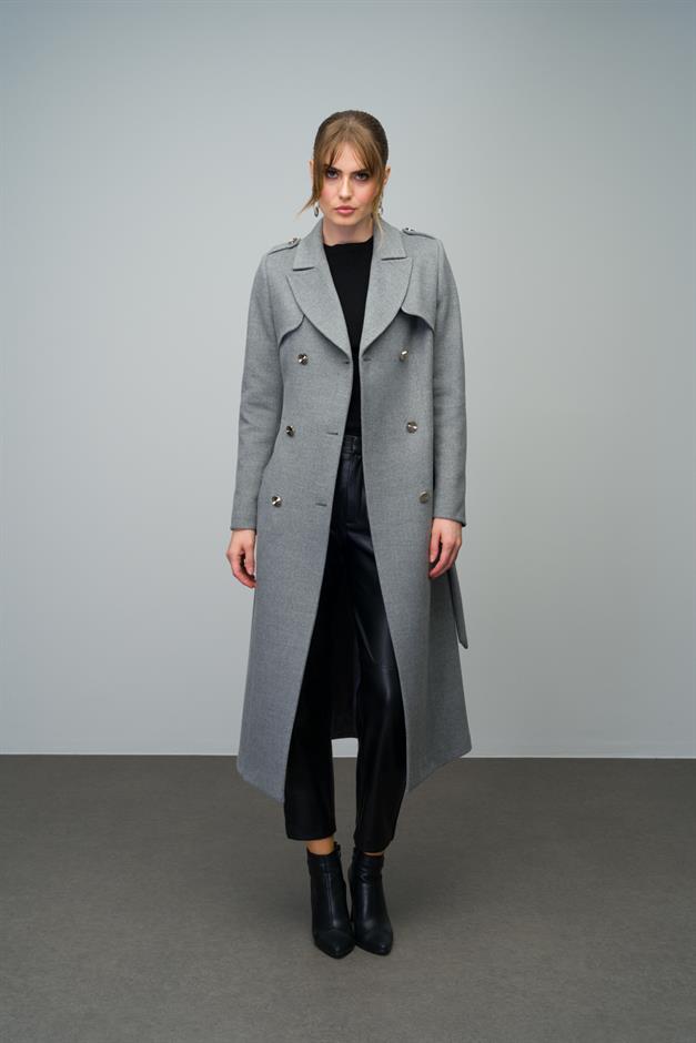 Double-Breasted Mid-Length Cashmere Coat with Epaulette and Cape Detail GREY 3006