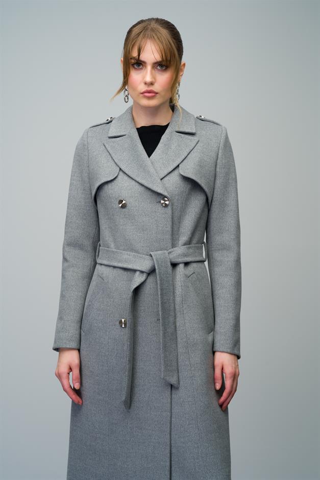 Double-Breasted Mid-Length Cashmere Coat with Epaulette and Cape Detail GREY 3006